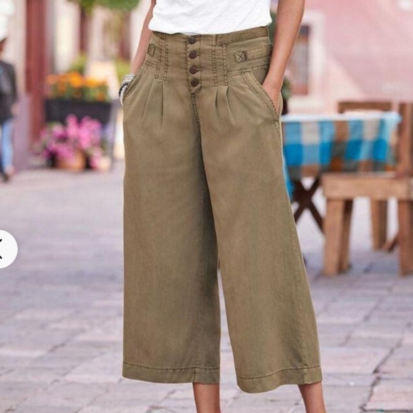 Sundance Womens Brown Valles Tencel Pleated High Rise Wide Leg Cropped Pants 12P - Picture 1 of 5